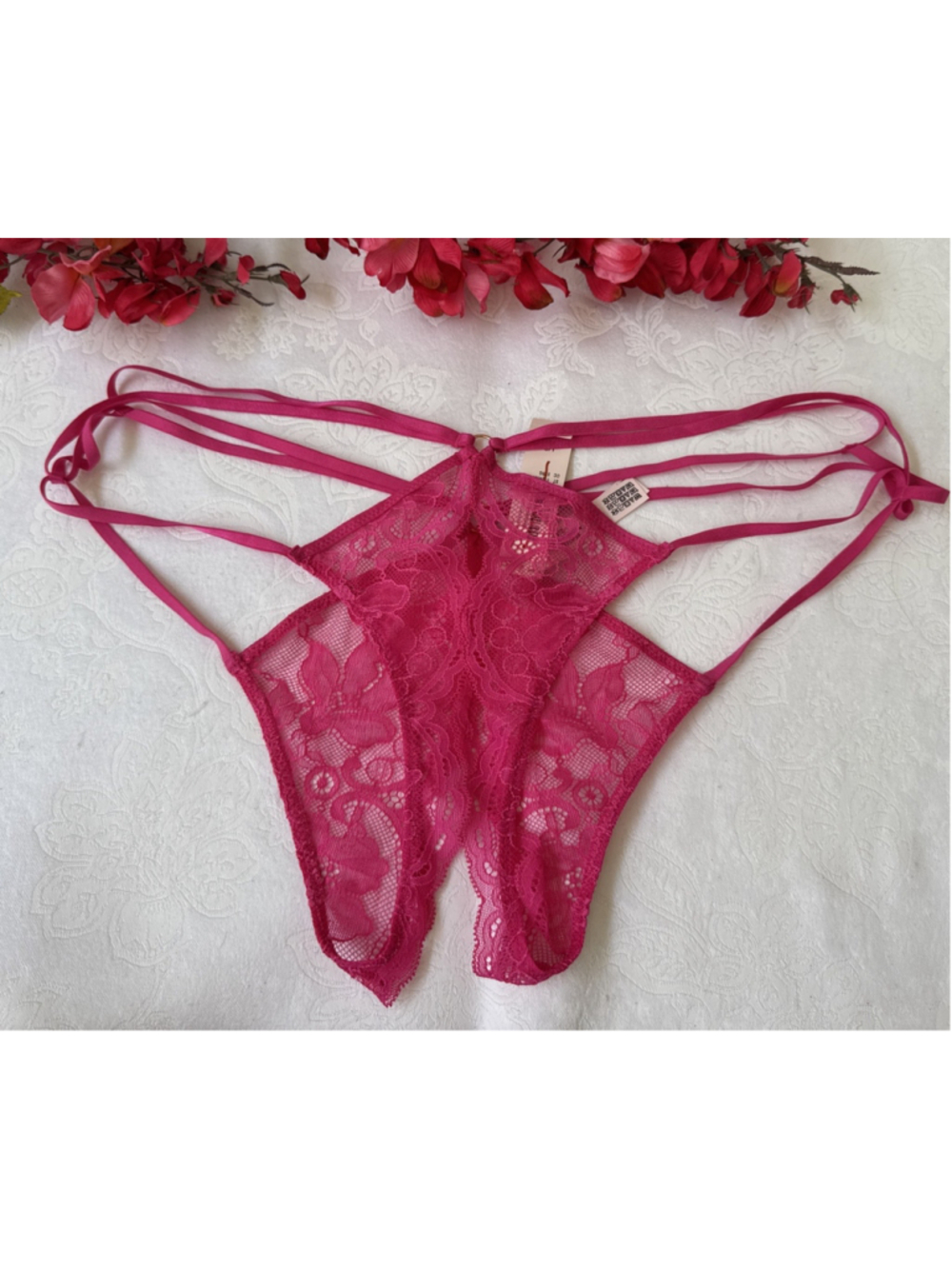 VICTORIA'S SECRET XL PINK LACE HI LEG CHEEKY STRAP OPEN BOTTOM SPICY PANTIES NWT